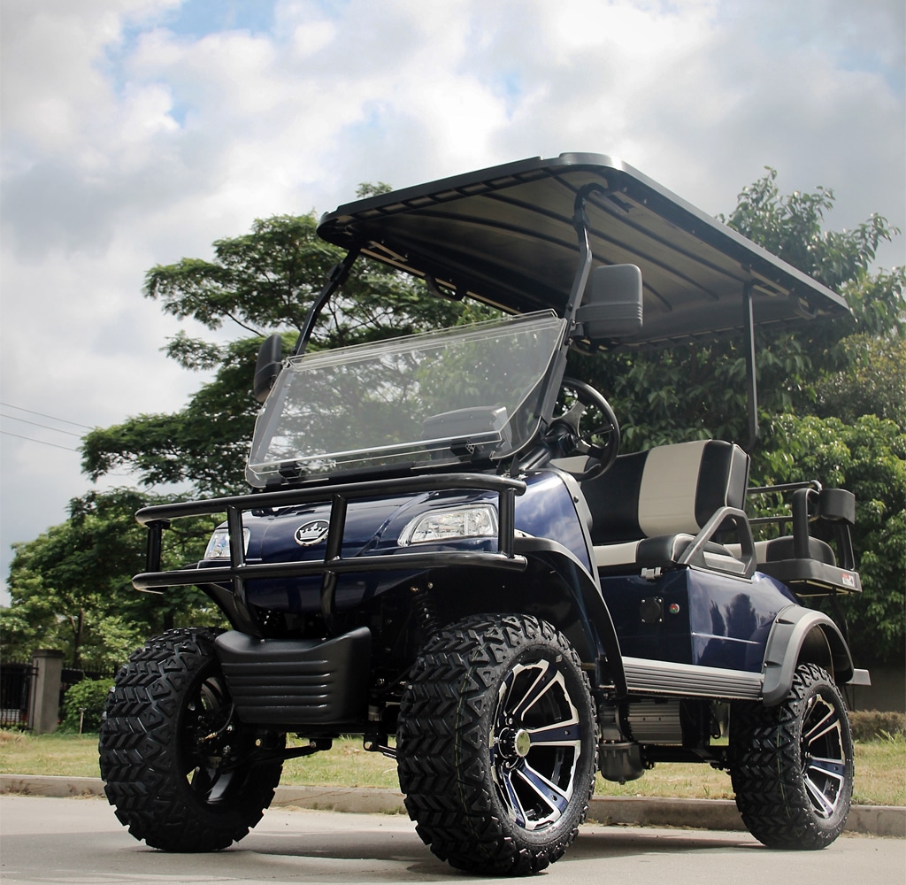 Blue EVolution Golf Cart lifted with brush guard